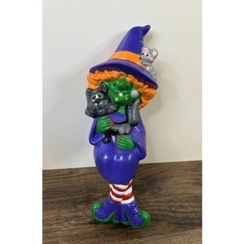 Vintage Halloween Ceramic 10" Witch Shelf Sitter Decoration Black Cat Mouse